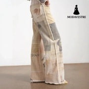 Retro loose print design with wide leg straight leg and floor length denim pants