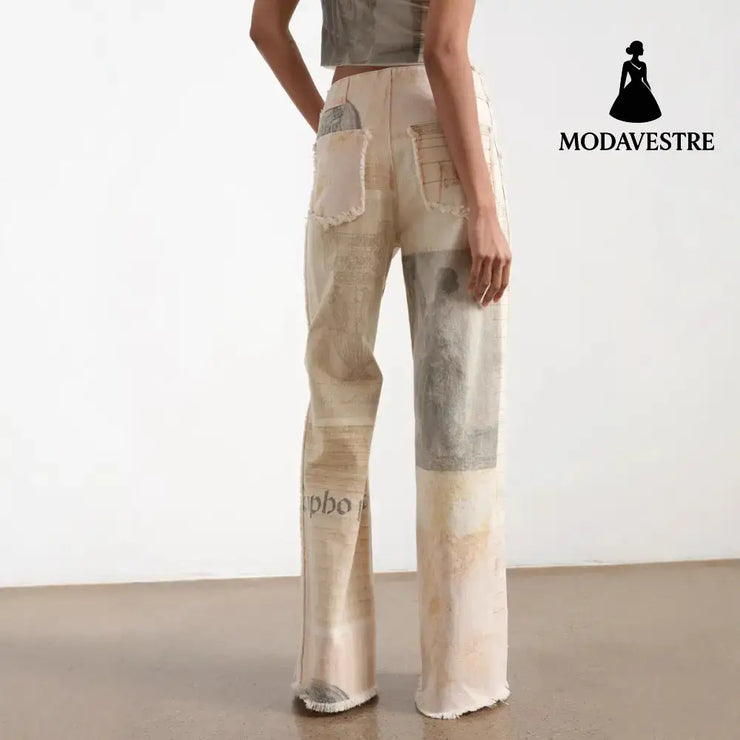 Retro loose print design with wide leg straight leg and floor length denim pants