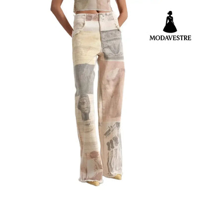 Retro loose print design with wide leg straight leg and floor length denim pants