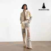 Retro loose print design with wide leg straight leg and floor length denim pants