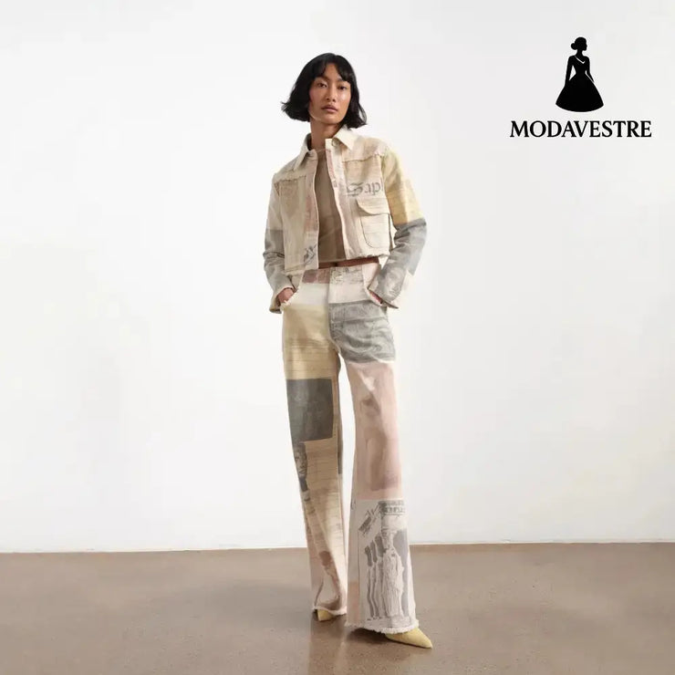 Retro loose print design with wide leg straight leg and floor length denim pants