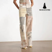 Retro loose print design with wide leg straight leg and floor length denim pants