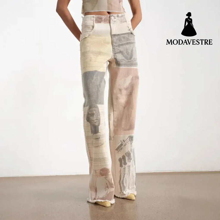 Retro loose print design with wide leg straight leg and floor length denim pants