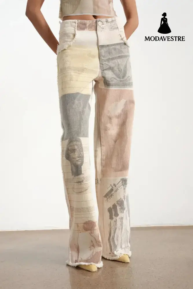 Retro loose print design with wide leg straight leg and floor length denim pants Off-white / S