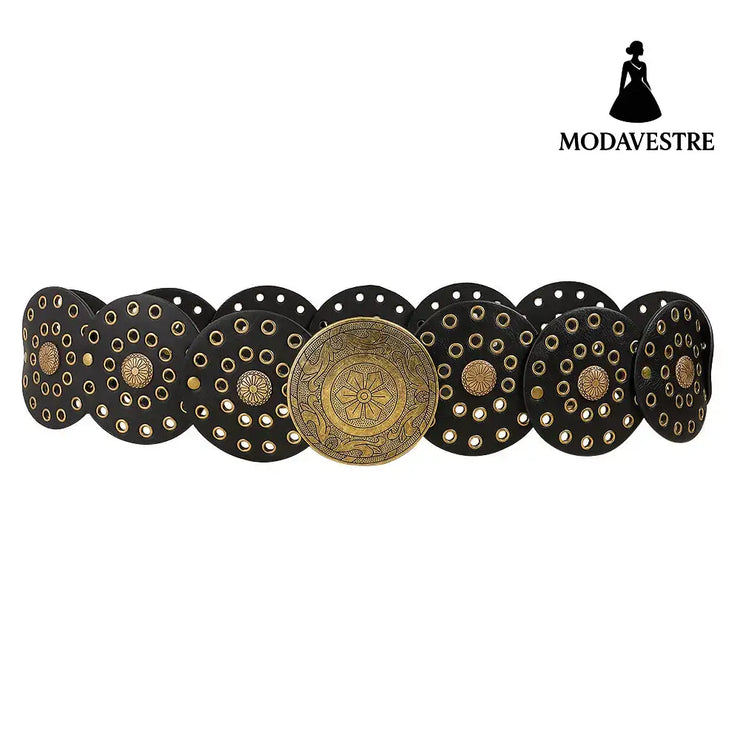 Retro Personality Men’s And Women’s Belts Exaggerated Hip Hop Punk Metal Cutout Round Fashion Belts GOLD BLACK / 100CM