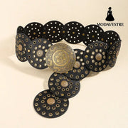 Retro Personality Men’s And Women’s Belts Exaggerated Hip Hop Punk Metal Cutout Round Fashion Belts GOLD BLACK / 115CM