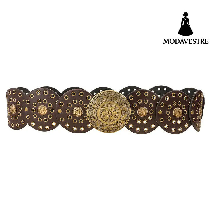 Retro Personality Men’s And Women’s Belts Exaggerated Hip Hop Punk Metal Cutout Round Fashion Belts GOLD COFFEE / 100CM