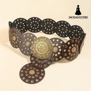 Retro Personality Men’s And Women’s Belts Exaggerated Hip Hop Punk Metal Cutout Round Fashion Belts GOLD COFFEE / 115CM