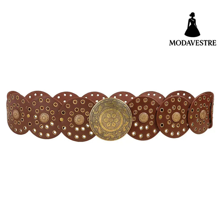 Retro Personality Men’s And Women’s Belts Exaggerated Hip Hop Punk Metal Cutout Round Fashion Belts GOLD RED BROWN