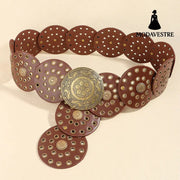 Retro Personality Men’s And Women’s Belts Exaggerated Hip Hop Punk Metal Cutout Round Fashion Belts GOLD RED BROWN