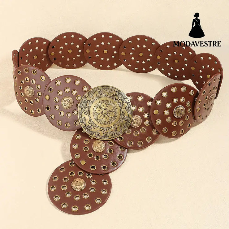 Retro Personality Men’s And Women’s Belts Exaggerated Hip Hop Punk Metal Cutout Round Fashion Belts GOLD RED BROWN