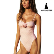 Retro Pink Polka Dot Swimsuit – One-Piece with Rose Detail
