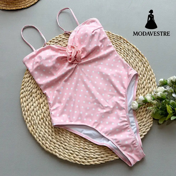 Retro Pink Polka Dot Swimsuit – One-Piece with Rose Detail