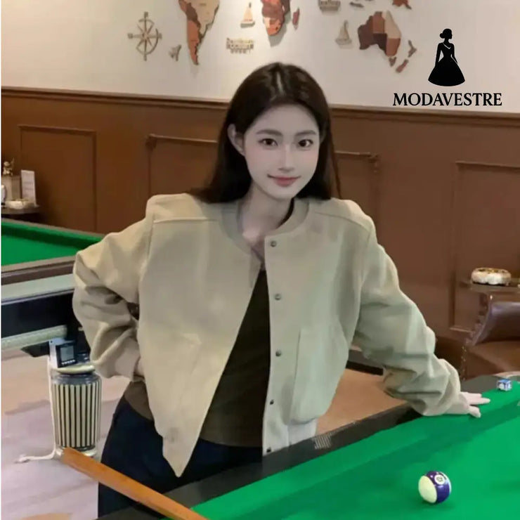 Retro Short Baseball Jacket Women’s Niche Loose Casual Khaki / 2XL Jacket