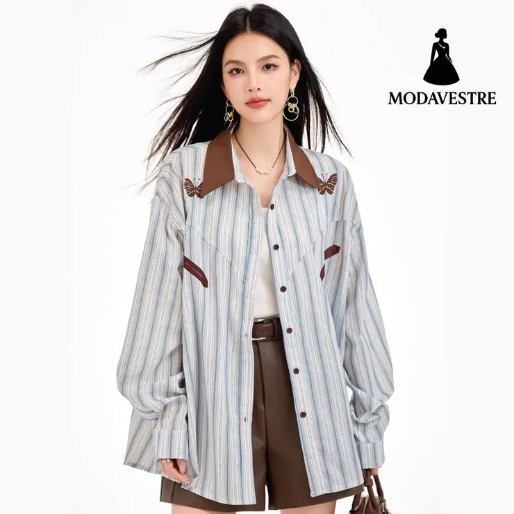 Retro Stripe Spliced Shirt for Women Autumn Design Sense Unique Layered Blouse College Style Long Sleeve Top