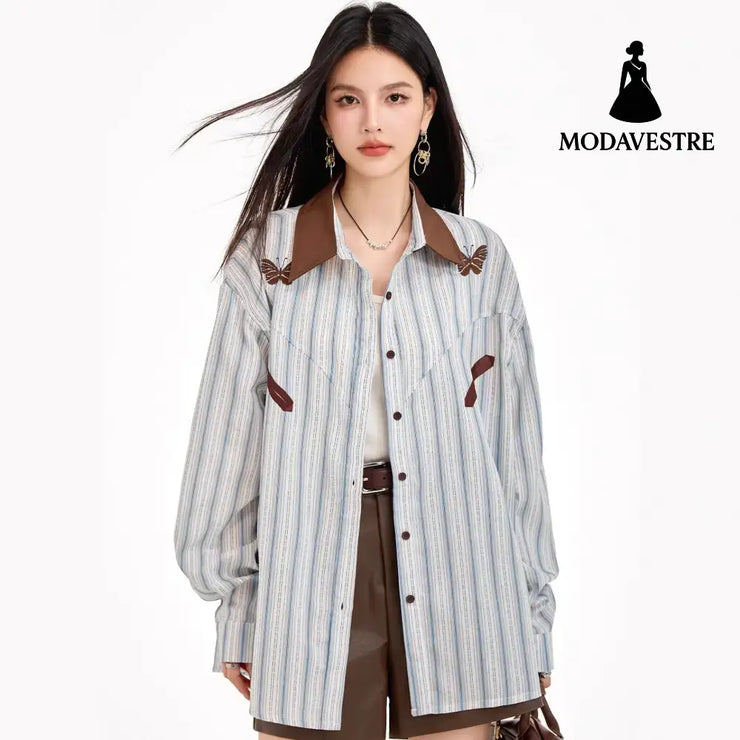 Retro Stripe Spliced Shirt for Women Autumn Design Sense Unique Layered Blouse College Style Long Sleeve Top