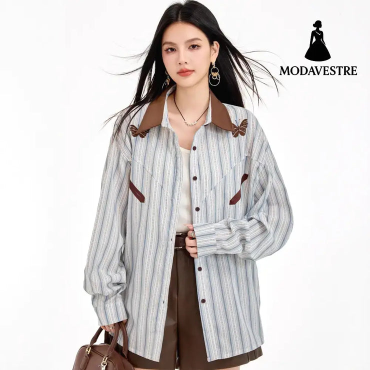 Retro Stripe Spliced Shirt for Women Autumn Design Sense Unique Layered Blouse College Style Long Sleeve Top