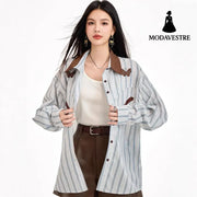 Retro Stripe Spliced Shirt for Women Autumn Design Sense Unique Layered Blouse College Style Long Sleeve Top