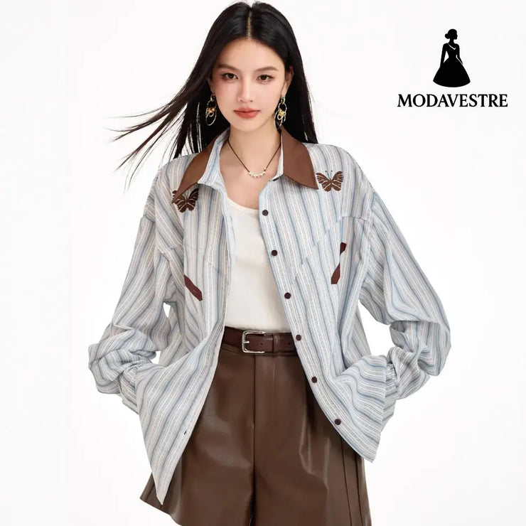 Retro Stripe Spliced Shirt for Women Autumn Design Sense Unique Layered Blouse College Style Long Sleeve Top Blue / S