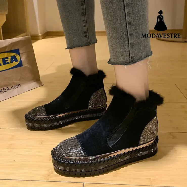 Rhinestone Ankle Boots Women Platform Shoes Fashion Boot Black / Size35