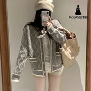 Rhombus Sweater Coat Women’s Mid-length Gray Knitted Cardigan Gray / Free Size Knitted Products