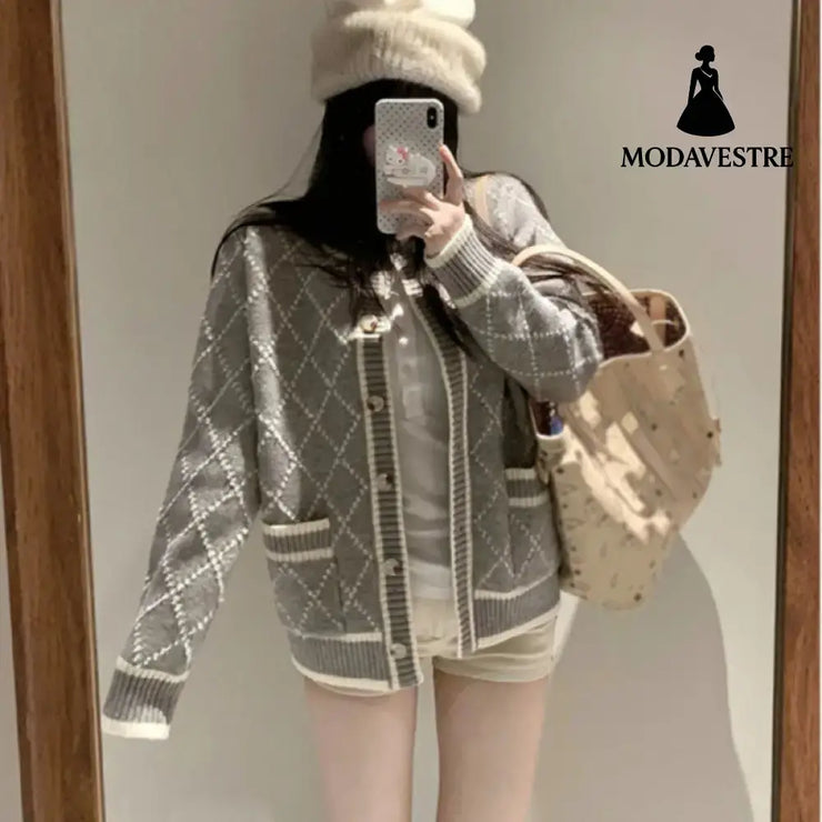 Rhombus Sweater Coat Women’s Mid-length Gray Knitted Cardigan Gray / Free Size Knitted Products