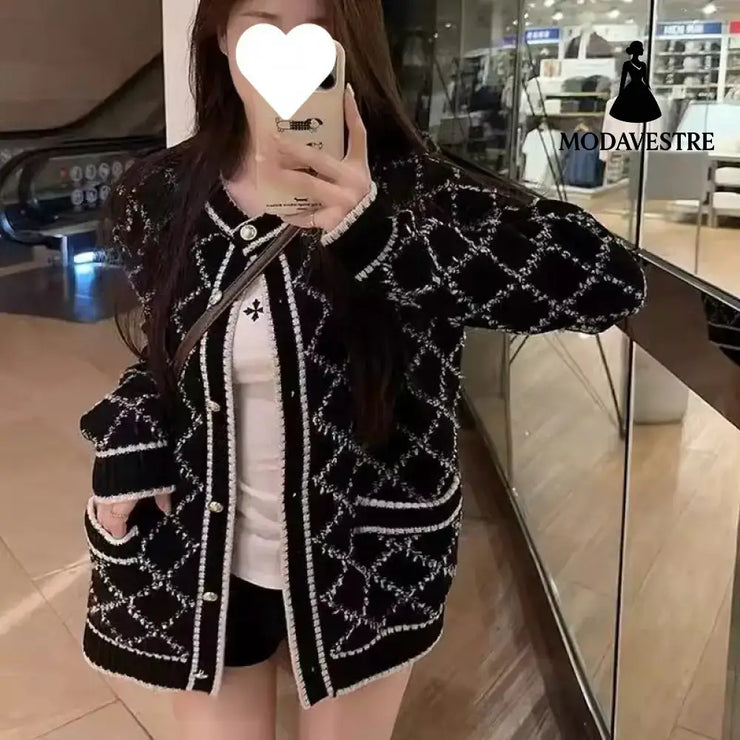 Rhombus Sweater Coat Women’s Mid-length Gray Knitted Cardigan Knitted Products