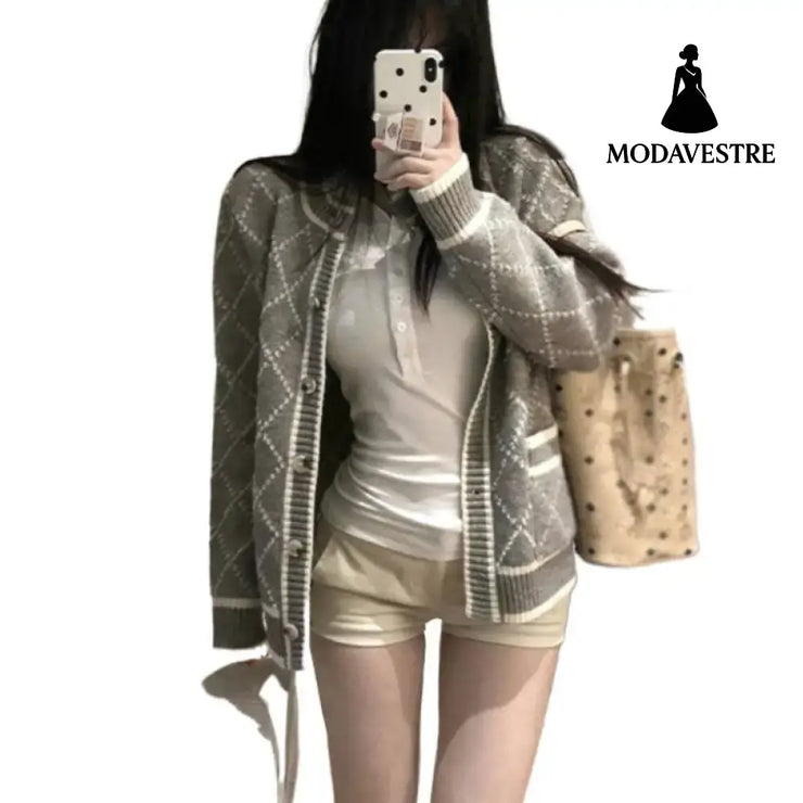 Rhombus Sweater Coat Women’s Mid-length Gray Knitted Cardigan Knitted Products
