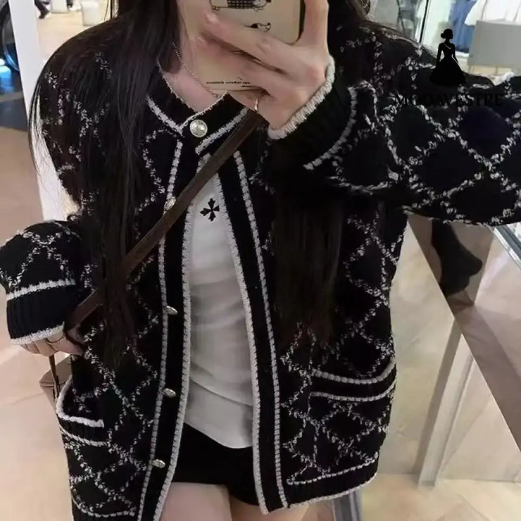 Rhombus Sweater Coat Women’s Mid-length Gray Knitted Cardigan Knitted Products