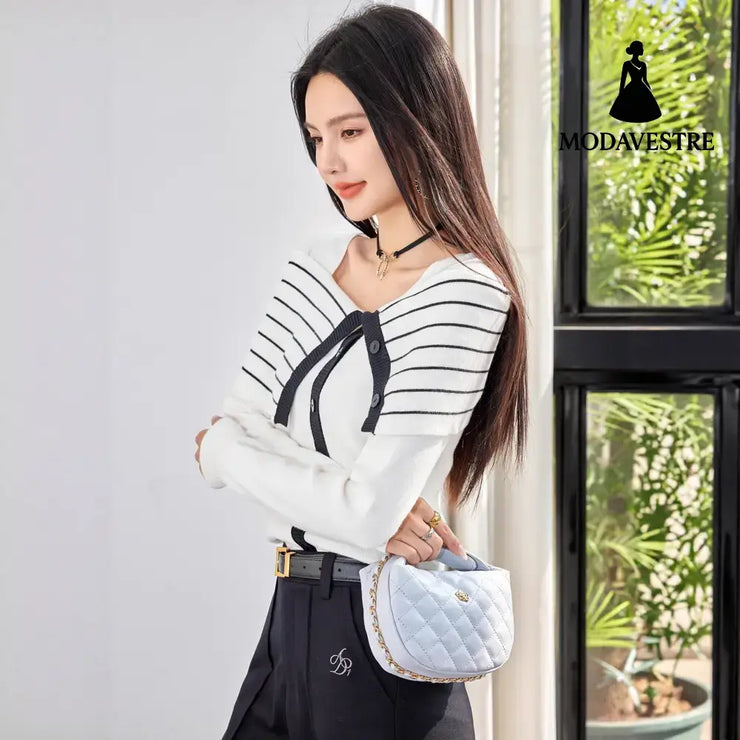 Romantic French Style Striped Knit Top for Women Elegant Fitted Long Sleeve Blouse with Bow Detail