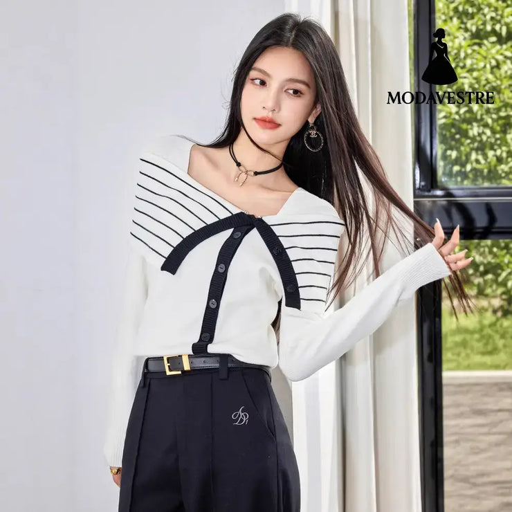 Romantic French Style Striped Knit Top for Women Elegant Fitted Long Sleeve Blouse with Bow Detail