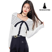 Romantic French Style Striped Knit Top for Women Elegant Fitted Long Sleeve Blouse with Bow Detail