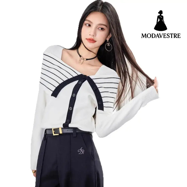 Romantic French Style Striped Knit Top for Women Elegant Fitted Long Sleeve Blouse with Bow Detail