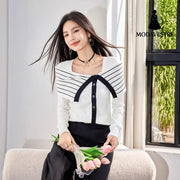 Romantic French Style Striped Knit Top for Women Elegant Fitted Long Sleeve Blouse with Bow Detail