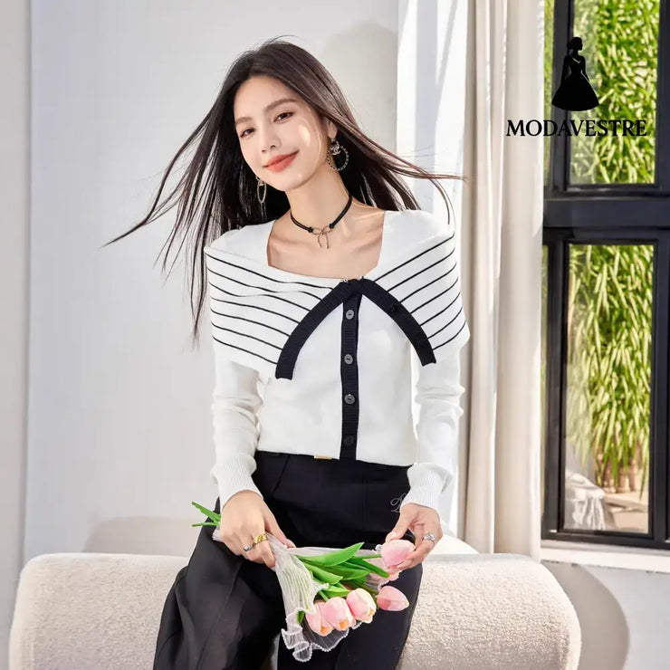 Romantic French Style Striped Knit Top for Women Elegant Fitted Long Sleeve Blouse with Bow Detail