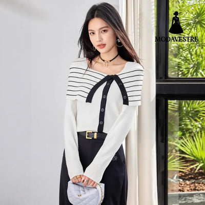 Romantic French Style Striped Knit Top for Women Elegant Fitted Long Sleeve Blouse with Bow Detail