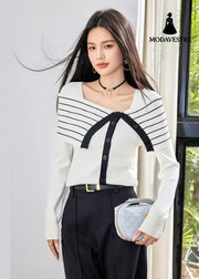 Romantic French Style Striped Knit Top for Women Elegant Fitted Long Sleeve Blouse with Bow Detail White / S