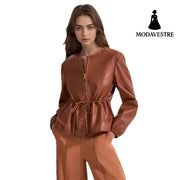 Round Neck Brown Drawstring Short Long Sleeve Leather Coat Coat