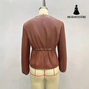 Round Neck Brown Drawstring Short Long Sleeve Leather Coat Coat