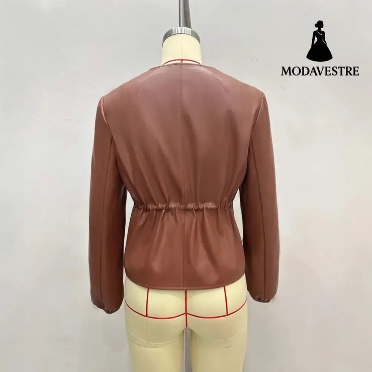 Round Neck Brown Drawstring Short Long Sleeve Leather Coat Coat