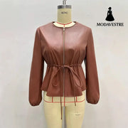 Round Neck Brown Drawstring Short Long Sleeve Leather Coat Coat