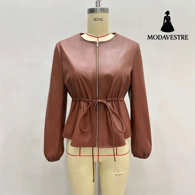 Round Neck Brown Drawstring Short Long Sleeve Leather Coat Coat