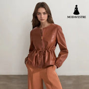 Round Neck Brown Drawstring Short Long Sleeve Leather Coat Brown / L Coat