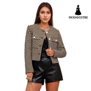 Round Neck Metal Buckle Double Pocket Embellished Coat Coat