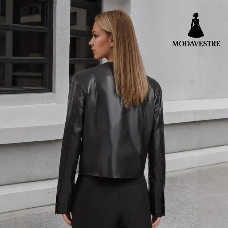 Round Neck Metal Buckle Embellished Short PU Leather Jacket Jacket