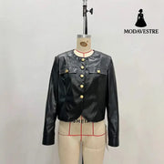 Round Neck Metal Buckle Embellished Short PU Leather Jacket Jacket