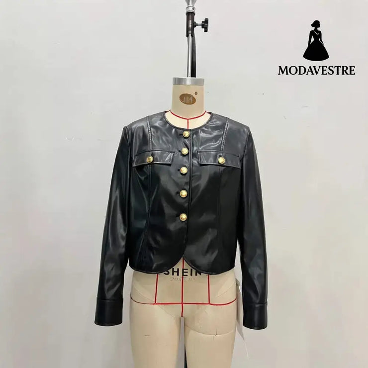 Round Neck Metal Buckle Embellished Short PU Leather Jacket Jacket