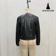 Round Neck Metal Buckle Embellished Short PU Leather Jacket Jacket