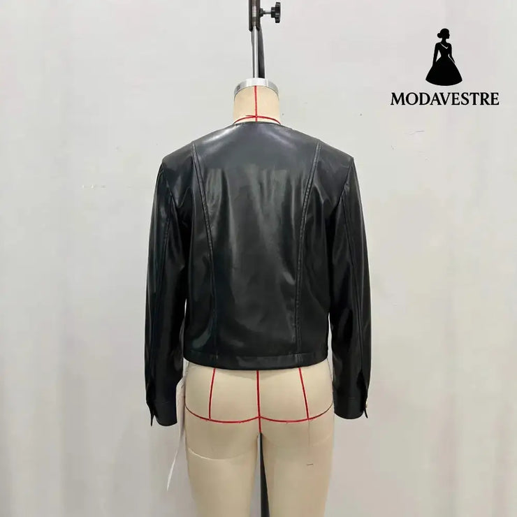 Round Neck Metal Buckle Embellished Short PU Leather Jacket Jacket