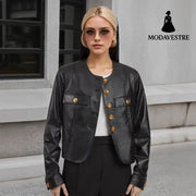 Round Neck Metal Buckle Embellished Short PU Leather Jacket Jacket